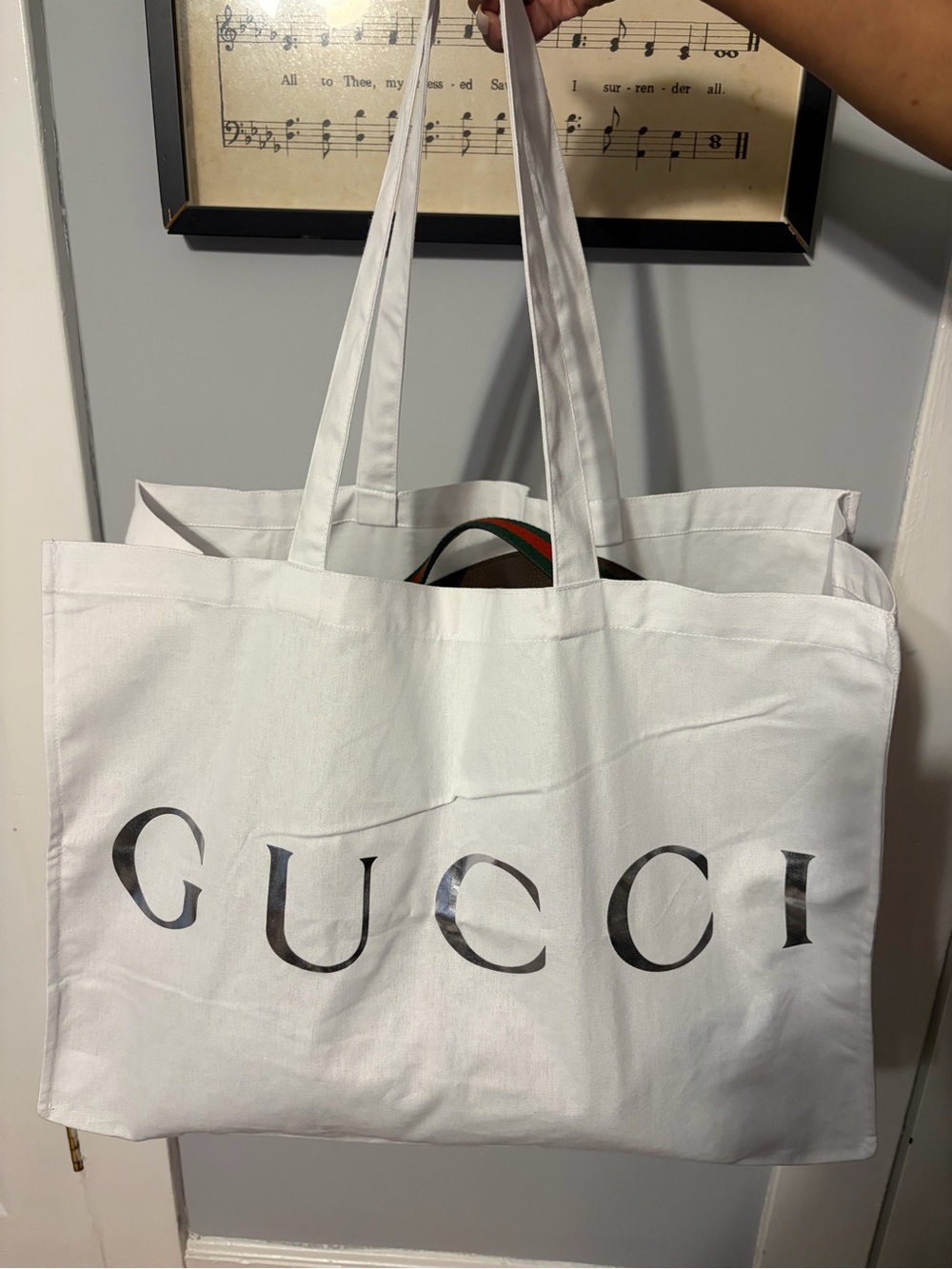 Gucci White Canvas Shopping Tote with Silver Logo + Receipt Holder (Authentic) - Picture 4 of 6